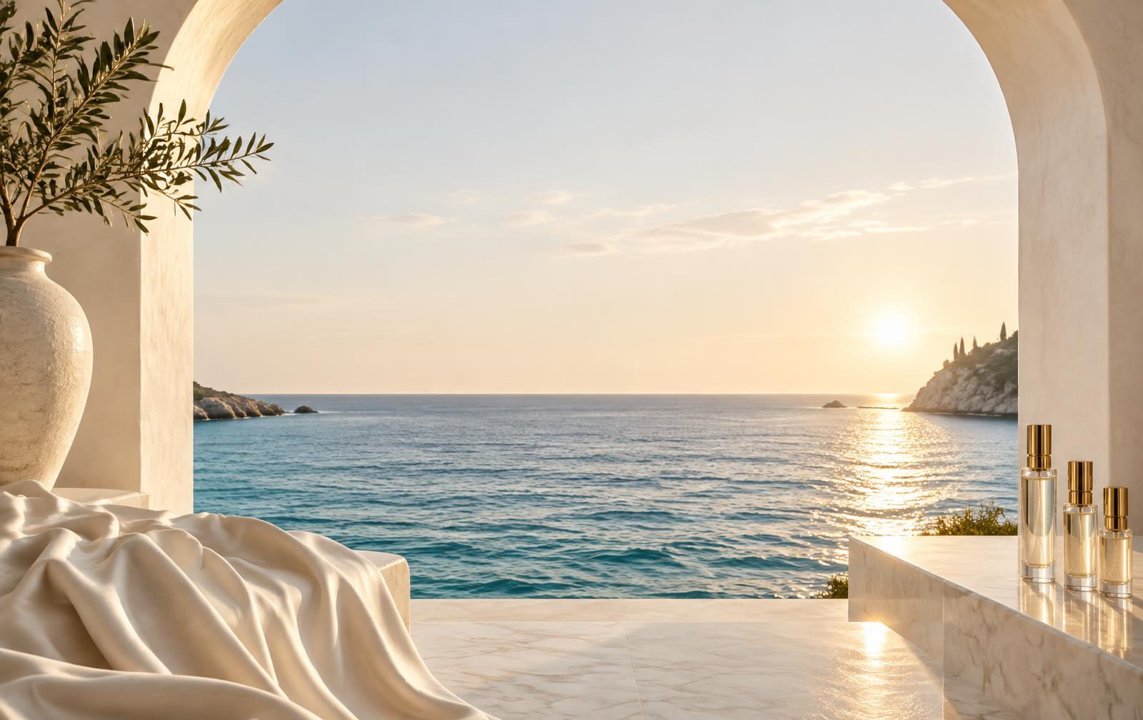 Gold-capped perfume samples beside an ivory arch overlooking the aqua sea